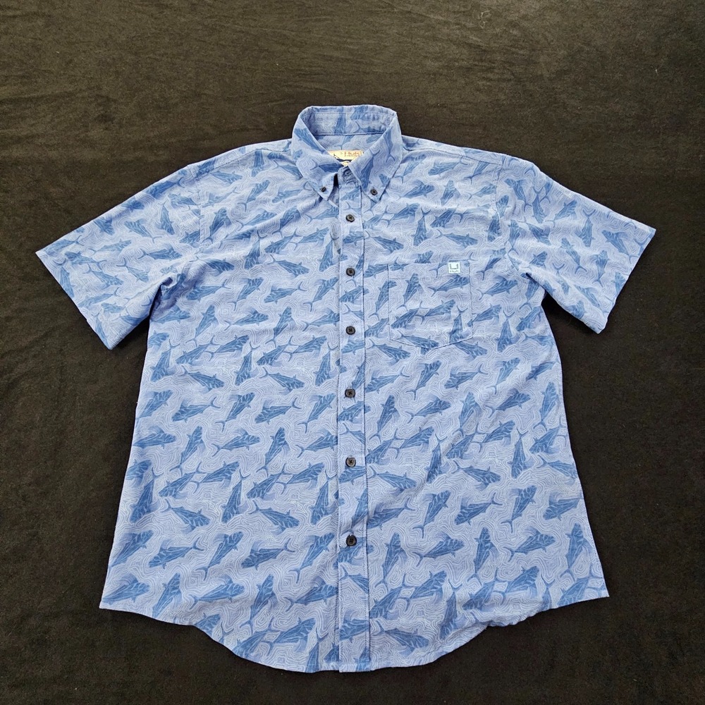 Huk Fishing Blue Fish Print Short Sleeve Polyester Blend Button-Up Shirt Men's M